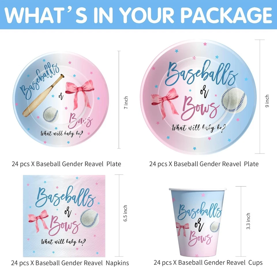 Vajilla desechable de béisbol y lazos para baby shower revelación de género - (2) manteles Foto 2 de 4