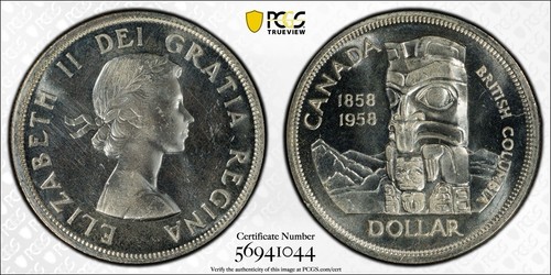 1958 S$1 Canada Silver Dollar PCGS PL64 Prooflike! Gold Shield & True View - Picture 3 of 3