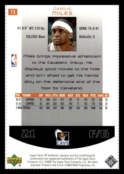2002-03 SP Authentic #13 Darius Miles Cleveland Cavaliers S225-205 - Image 2 of 2
