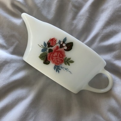 JAJ Pyrex Vintage Retro Cottage Rose weiß rosa Blumen Sauciere sehr guter Zustand