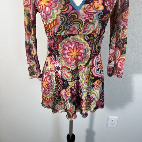 Y2K Retro Floral Semi Sheer Tunic Top Mod 70s Inspired Groovy Psychedelic Size M - Picture 3 of 5
