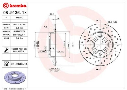 BREMBO XTRA Bremsscheibe Bremsscheiben Hinten für AUDI 08.9136.1X NEU - Bild 2 von 3