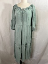 Worth Collective Womens Solid Sage Midi Dress L Peasant Cottagecore Boho Tiered