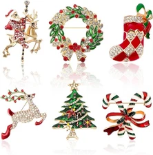 6 Pcs Christmas Pins,Christmas Brooch for Women Rhinestone Crystal Christmas Pin