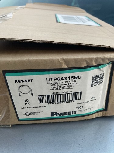 Boîte de 10 PANDUIT UTP6AX15BU Cat 6A 24 AWG UTP cordon de serrage cuivre 15 pieds bleu