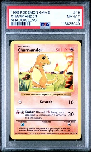 1999 POKEMON BASE SET SHADOWLESS #46 CHARMANDER PSA 8