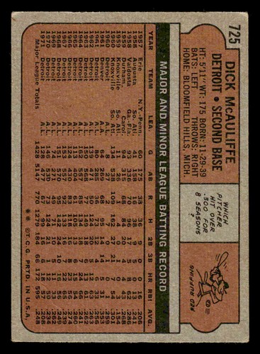1972 Topps #725 Dick McAuliffe - VG-VGEX *TedsCardShack* - Picture 2 of 2