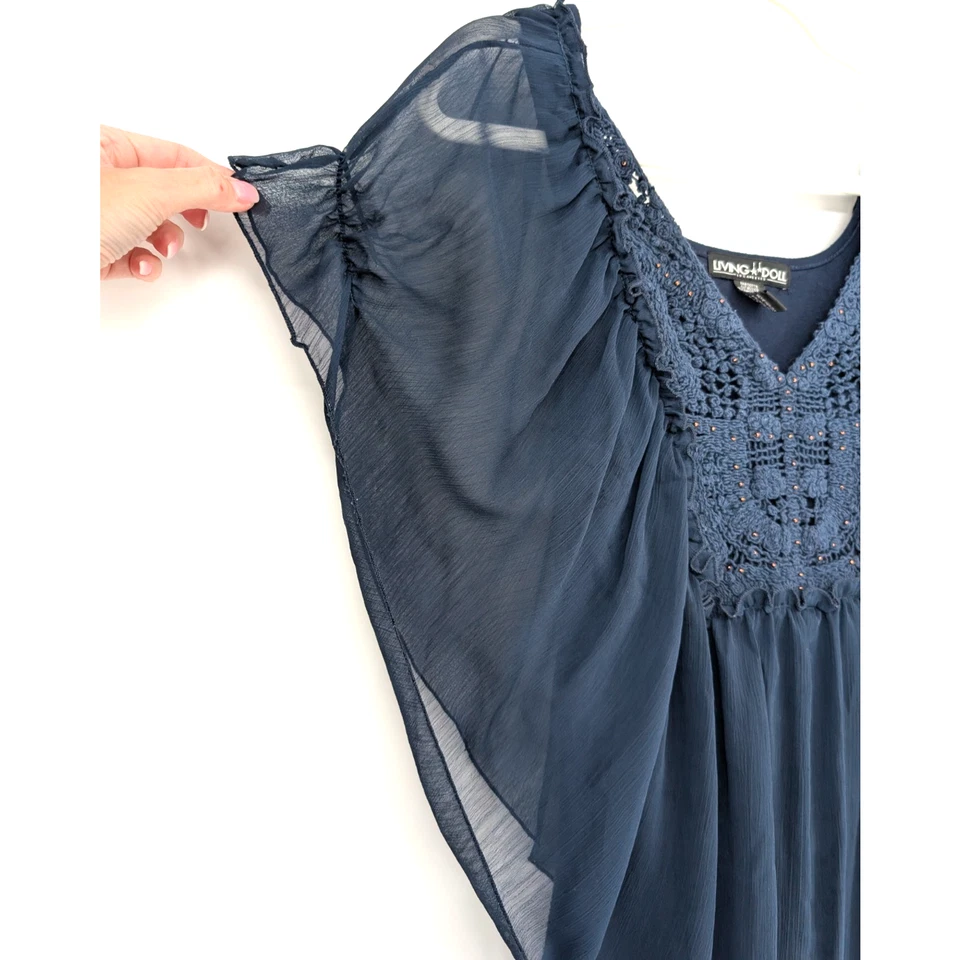 De colección Muñeca Viviente Y2K Azul Marino Transparente Etéreo Hada Oscura Boho Bordado Crochet Top Foto 4 de 4