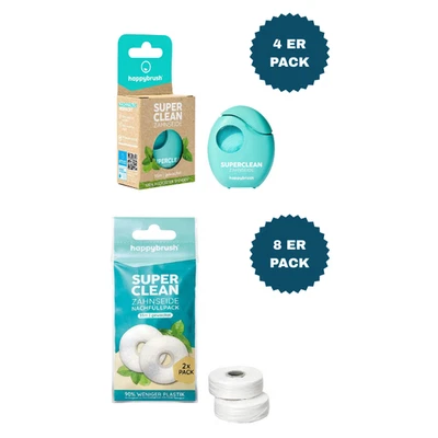 4ER Happybrush Zahnseidehalter SuperClean mit 35m SuperClean Refill Zahnseide 8x