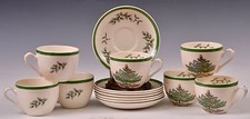 Spode CHRISTMAS TREE S3324H England CUPS & SAUCERS Green X 7 RETIRED