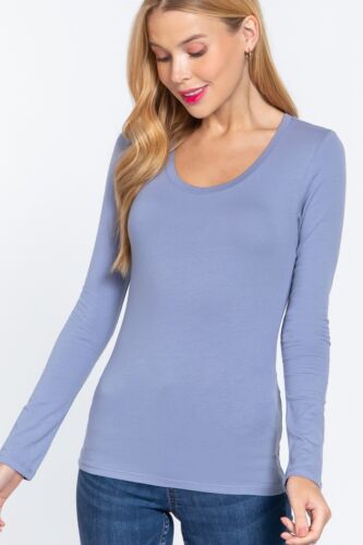 Women's Round Neck Long Sleeve T Shirt Basic Stretch Cotton Top US Slim Fit - Picture 7 of 60