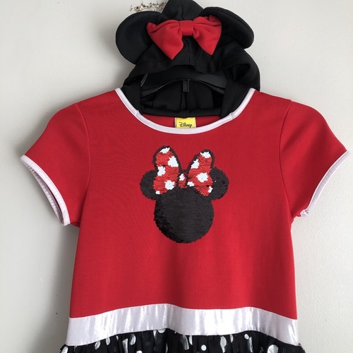 Disney Minnie Mouse Dress Girls Size XL 14/16 Hood With Ears Flip Sequins - Picture 10 of 16