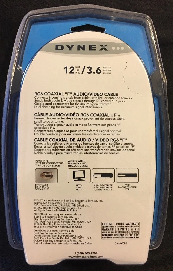 Dynex RG6 同轴 "F" 音频/视频电缆 12' 全新 带包装 — 第 2/3 张图片