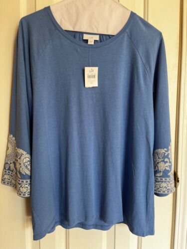 NWT J Jill Blue Knit Top Embroidered Bell Sleeve Size XS (fits Small) New Spring - Picture 3 of 8