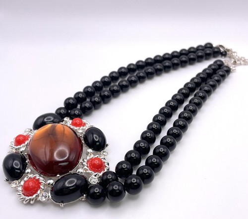 Amber Cabochon Double Strand Black Red Beaded Statement Necklace Costume Party - Picture 5 of 5