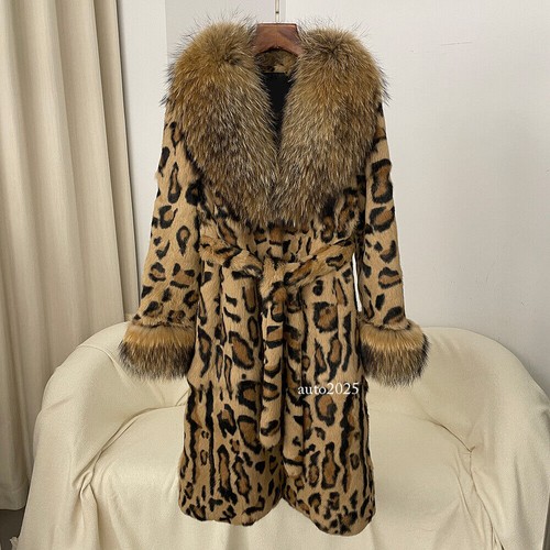 American Style Womens Real Raccoon Fur Collar Rabbit Fur Mid Long Coat Overcoats - Picture 23 of 26