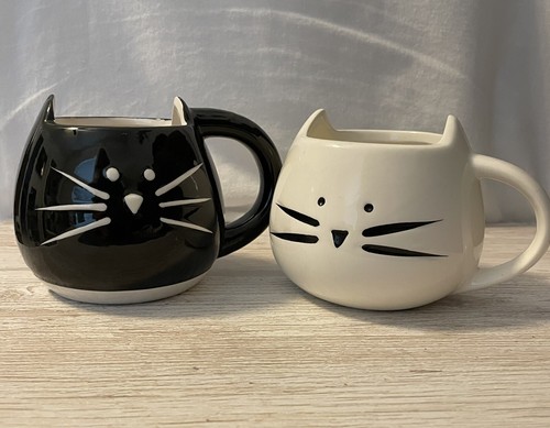 KoolKatKoo KATZENGESICHT Ohren Tassen Set schwarz & weiß Keramik Ebenholz & Elfenbein süß!