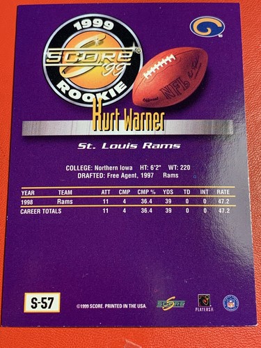 1999 Score Supplemental Kurt Warner #S-57 Rookie Card RC 90s NFL STL Rams HOF - Picture 2 of 2
