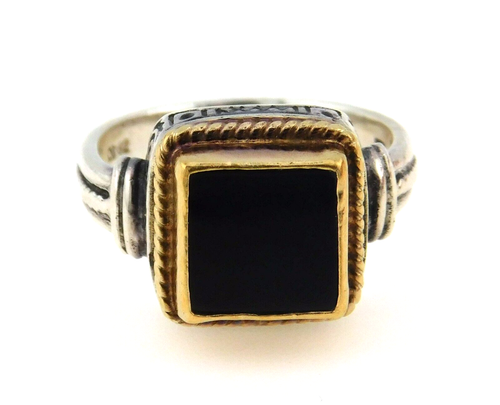 Anillo cuadrado de ónix negro con plata de ley 925 y oro de 22 quilates de diseñador talla 5,5 - Imagen 4 de 11