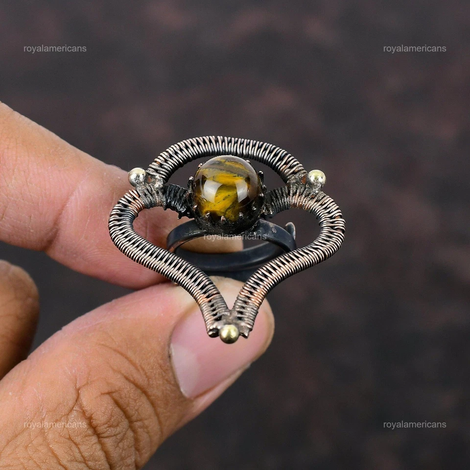 Anillo de Navidad Multi Piedra Declaración Cobre Ojo de Tigre Natural Venta Día de la Madre Foto 4 de 4