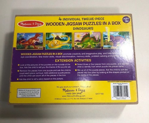 MELISSA & DOUG 4 INDIVIDUAL 12 PIECE 3+ DINOSAUR PUZZLES 3791 CHINA W/WOOD BOX 
