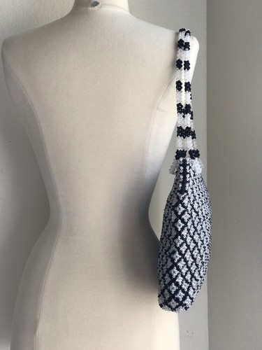 Vintage Purse Acrylic Beads Black & White Handmade Bag Handbag Double Strap - Picture 4 of 20