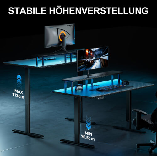 Gaming Tisch mit LED, Höhenverstellbarer Schreibtisch mit Steckdosen - Bild 19 von 30