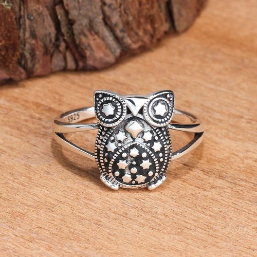 925 Sterling Silver Cute Owl with Stars and Studs Ring Size 6-8 - Picture 4 of 6