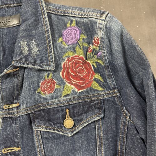 Giacca jeans camionista bianca NYC donna lavaggio scuro denim rosa ricamata floreale M - Foto 8 di 14