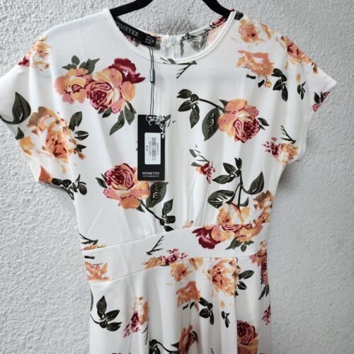 HOMEYEE Women's Short Sleeve Floral Casual A-Line Midi Dress, White, Medium - Picture 4 of 6