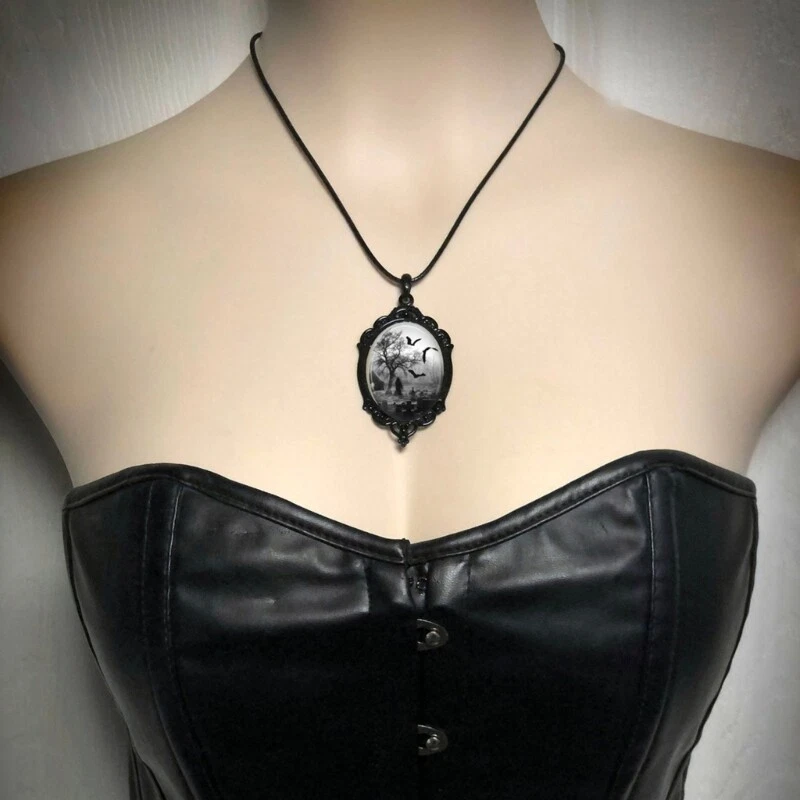 Graveyard Bat Pendant Necklaces for Women Punk Style Leather Cord