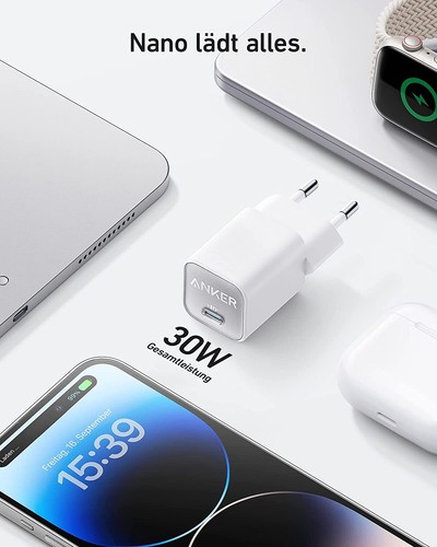 Anker USB C GaN Charger 30W 511 Ladegerät Nano 3 Schnellladegerät mit iPhone 14 - Bild 2 von 6