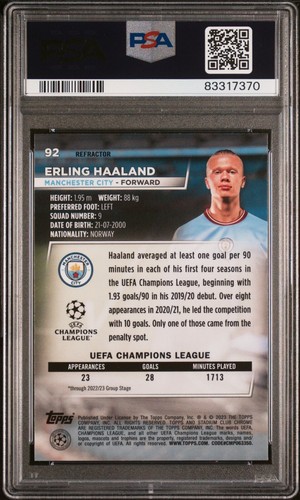 2022-23 Stadium Club Chrome UEFA Erling Haaland #92 Refractor PSA 10 GEM Pop 2! - Picture 2 of 2