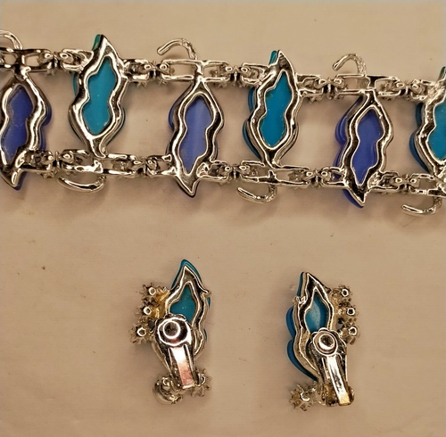Silver Costume Jewelry Blue Glass Leaves Clip-on Earrings Bracelet Set Vintage  - Picture 6 of 10