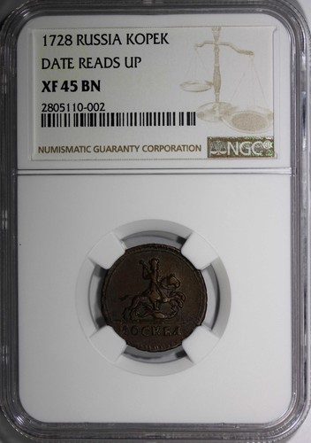 Russia PETER II 1728 1 Kopek NGC XF45 BN MOSCOW St. George RARE KM# 185.2 (002) - Picture 2 of 5