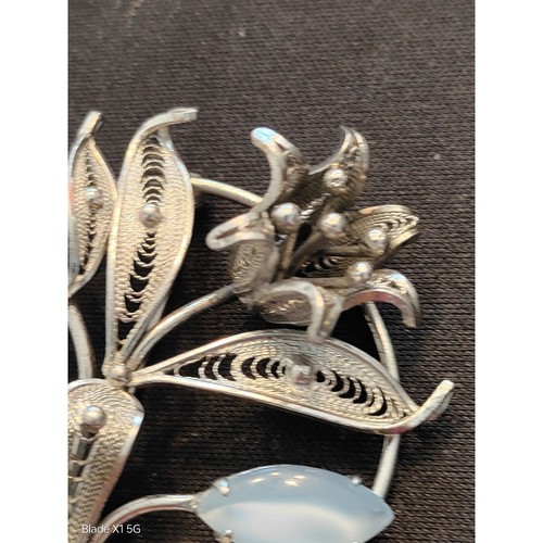 Beautiful Vintage Enzell Sterling Floral Brooch Two Faux Blue Moonstone Stones - Picture 5 of 6