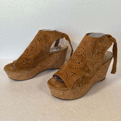 Marc Fisher Stacie Wedged Tassel Tied Sandals Women's 9.5 Brown Cutout Open Toe - Picture 6 of 10