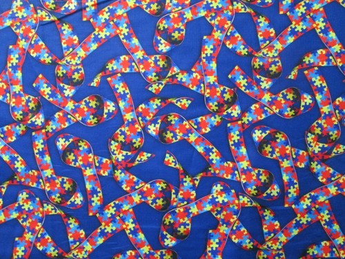 PUZZLE GAME PIECES AUTISM AWARENESS RIBBON BLUE COTTON FABRIC FQ - Picture 1 of 12