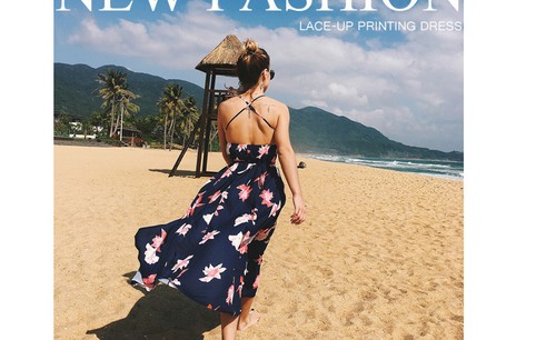 Maxi vestido sin espalda azul floral estampado boho fiesta playa vestido soltero cabestrillo - Imagen 7 de 12