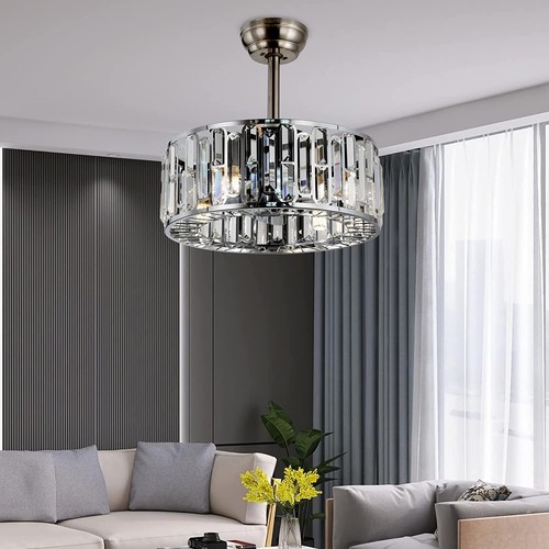 18" Industrial Caged Ceiling Fan Crystal Chandelier 3 Speeds Fandelier w/Remote - Picture 2 of 10