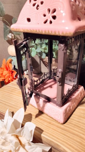 Pink 10" Distressed Ceramic, Glass, & Metal Hanging Terrarium Candle Lantern - Picture 6 of 7