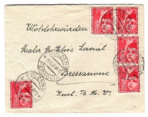 Infanzia 20 c., 5 es. (407) su busta da Bolzano 9.10.37 a Bressanone. - Foto 1 di 1