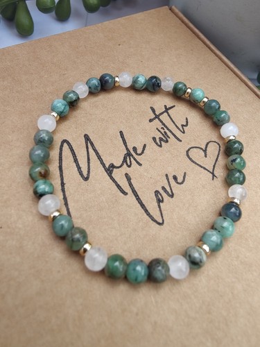Emerald, Snow white Jade & 14K Gold Stretch Gemstone Bracelet, May Birthstone, - Picture 2 of 5