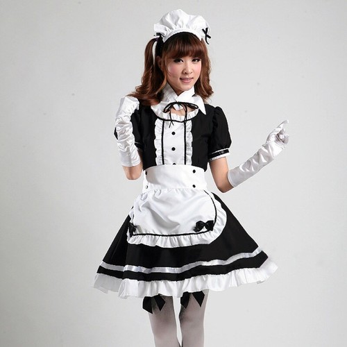 Women Maid Dress Striped Ruffle Apron Lolita Waitress Costume Japanese Cosplay - Picture 1 of 18