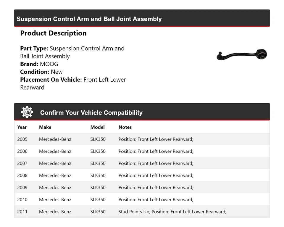 Brazo de control delantero izquierdo inferior trasero MOOG para Mercedes-Benz SLK350 2005-2011 Foto 2 de 4
