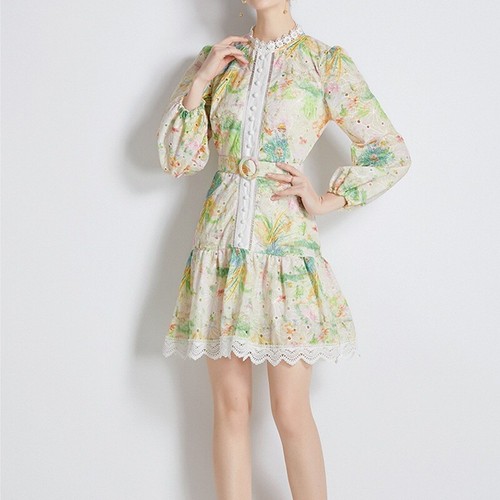 Stand Collar Single-breasted Short Skirt Long Sleeve Printed Floral Midi Dress - Bild 17 von 23