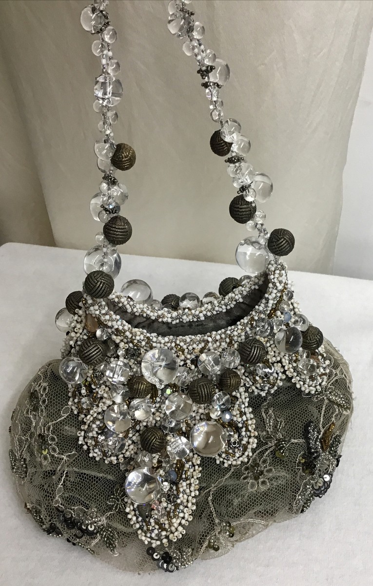 Bagteria Evening Purse Taupe Lace White/silver/ Clear Beads And