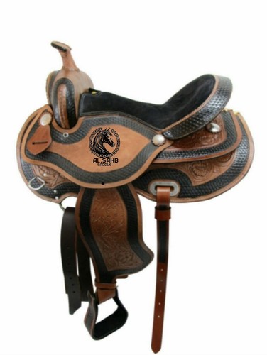 Black and Brown Basket Weave and fern Tooled western Barrel Saddle With Tack set - Picture 1 of 5