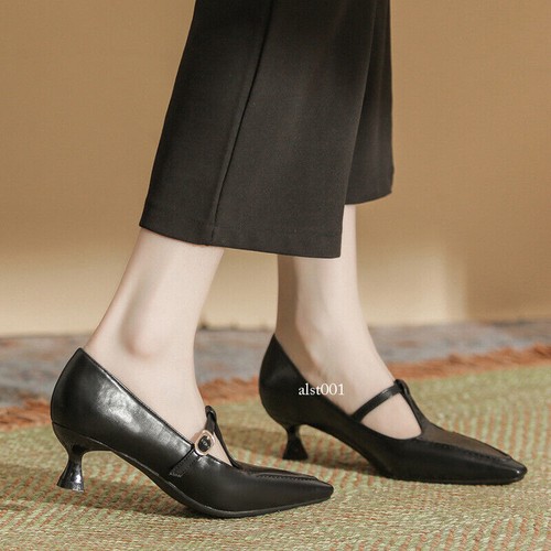 Spitz zulaufende Mary Jane Damenschuhe mit T-Riemen Schnalle mittelhoher Pfennigabsatz Arbeit - Bild 2 von 25