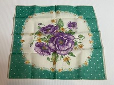 Vintage 50s MCM Printed Purple Green Hankie Handkerchief Botanical Floral Flower